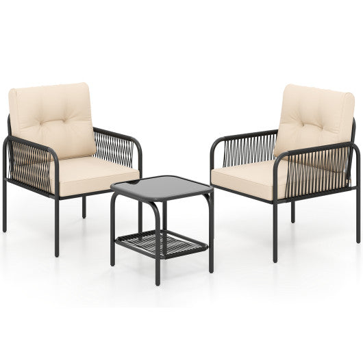 3 Pieces Patio Bistro PE Outdoor Wicker Rattan Furniture Conversation Set-Beige