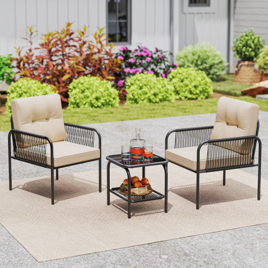 3 Pieces Patio Bistro PE Outdoor Wicker Rattan Furniture Conversation Set-Beige