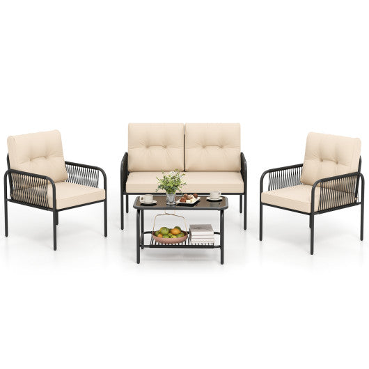 4 Pieces Patio Furniture Set PE Rattan Sofa Chairs with Loveseat-Beige