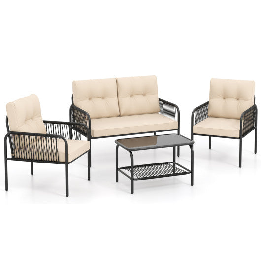 4 Pieces Patio Furniture Set PE Rattan Sofa Chairs with Loveseat-Beige