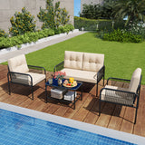 4 Pieces Patio Furniture Set PE Rattan Sofa Chairs with Loveseat-Beige