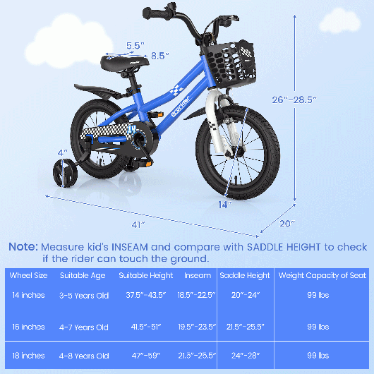 14 Inch Kids Bike with 2 Training Wheels for 3-5 Years Old-Navy