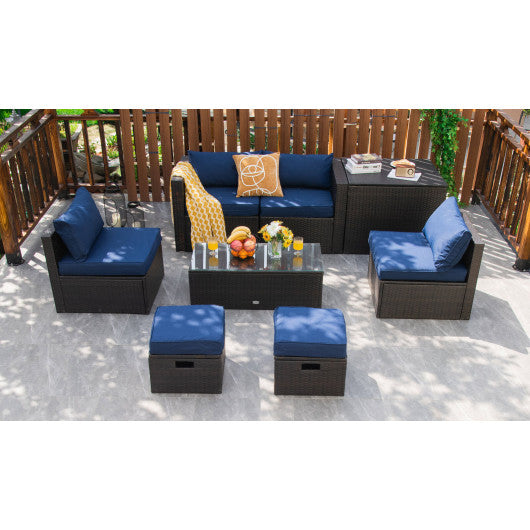 8 Pieces Patio Space-Saving Rattan Furniture Set with Storage Box and Waterproof Cover-Navy