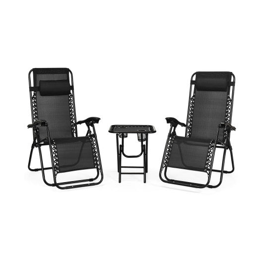 3 Pieces Folding Portable Zero Gravity Reclining Lounge Chairs Table Set-Black