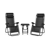 3 Pieces Folding Portable Zero Gravity Reclining Lounge Chairs Table Set-Black