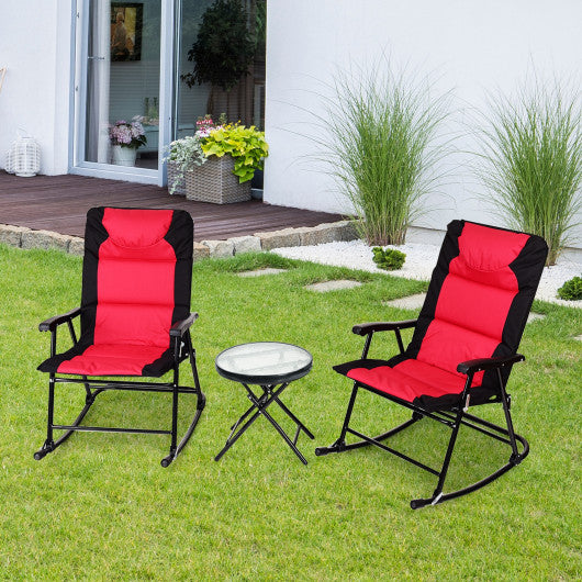 3 Pcs Outdoor Folding Rocking Chair Table Set with Cushion-Black&Red