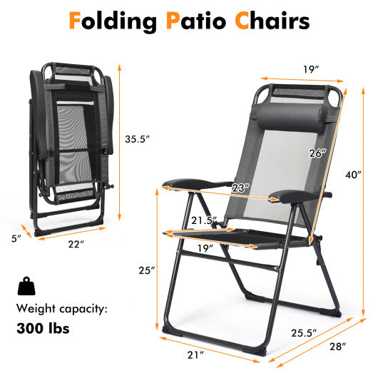 2 Pieces Patio Adjustable Folding Recliner Chairs with 7 Level Adjustable Backrest-Gray