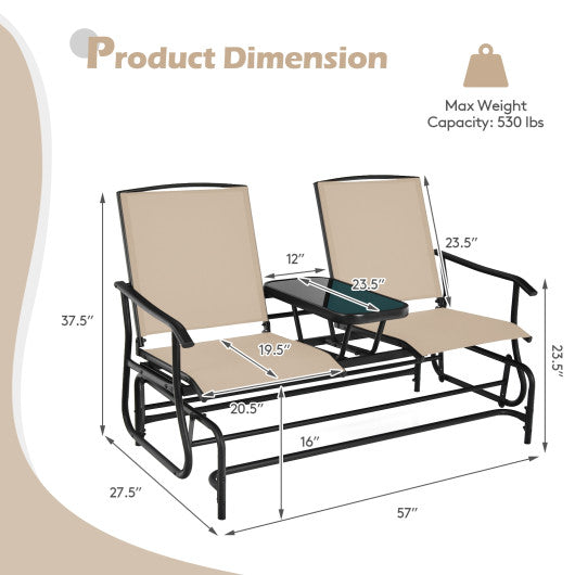 2-Person Rocking Loveseat with Mesh Fabric and Tempered Glass Table