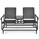 2-Person Double Rocking Loveseat with Mesh Fabric and Center Tempered Glass Table-Black