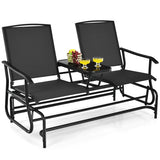 2-Person Double Rocking Loveseat with Mesh Fabric and Center Tempered Glass Table-Black