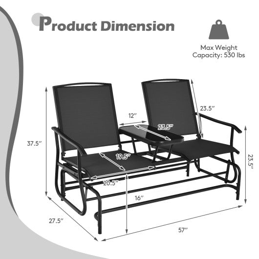 2-Person Double Rocking Loveseat with Mesh Fabric and Center Tempered Glass Table-Black