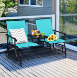 2-Person Double Rocking Loveseat with Mesh Fabric and Center Tempered Glass Table-Turquoise