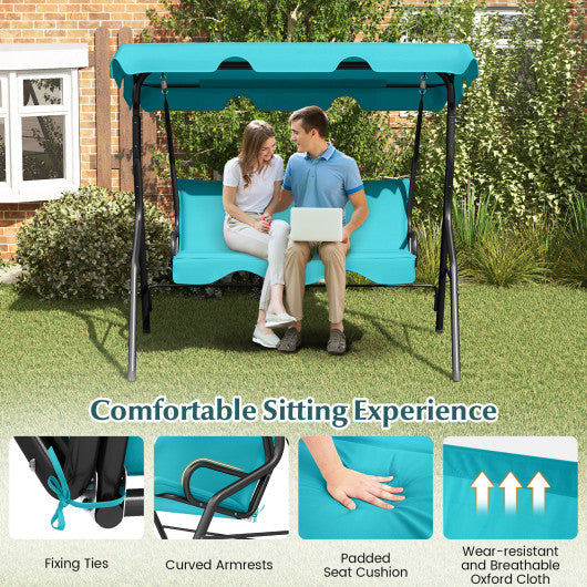 3 Seat Outdoor Patio Canopy Swing with Cushioned Steel Frame-Blue