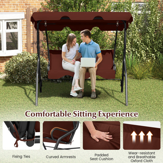 3 Seat Outdoor Patio Canopy Swing with Cushioned Steel Frame-Brown