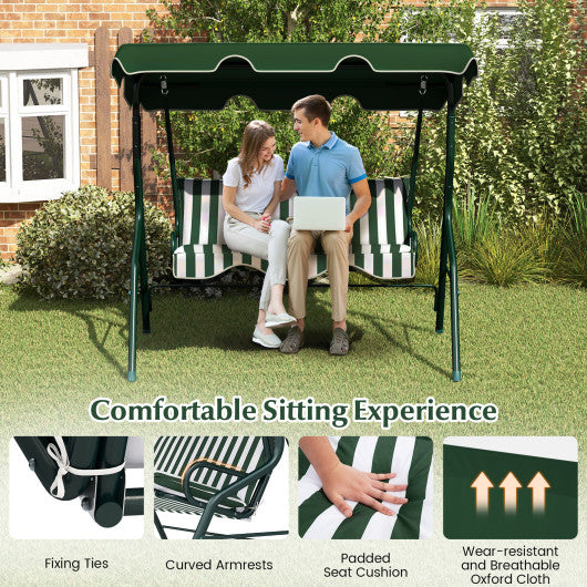 3 Seat Outdoor Patio Canopy Swing with Cushioned Steel Frame-Green