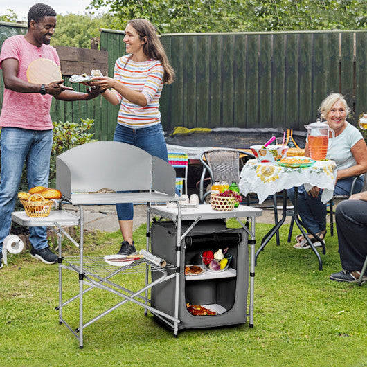 Foldable Outdoor BBQ Portable Grilling Table With Windscreen Bag-Gray