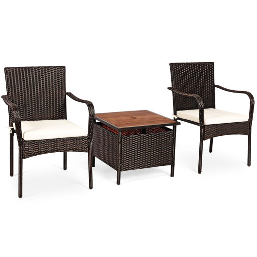 3 Pieces Patio Rattan Furniture Bistro Set with Wood Side Table and Stackable Chair