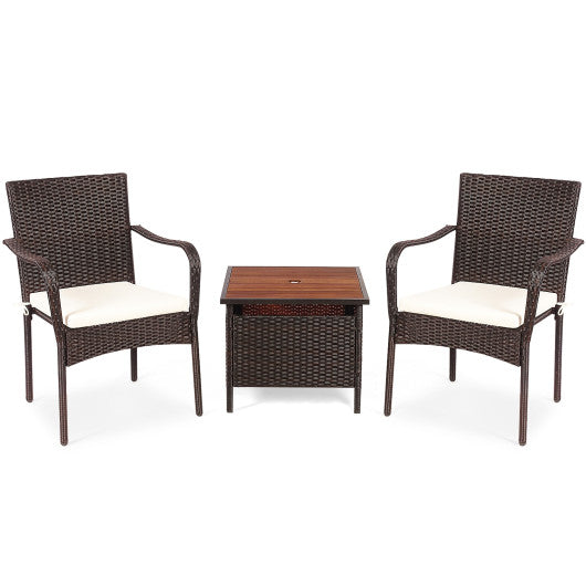 3 Pieces Patio Rattan Furniture Bistro Set with Wood Side Table and Stackable Chair