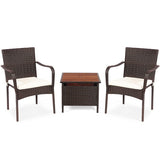 3 Pieces Patio Rattan Furniture Bistro Set with Wood Side Table and Stackable Chair