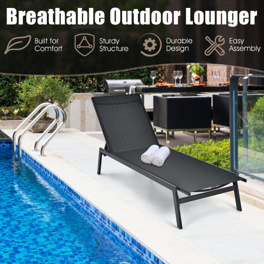 Outdoor Reclining Chaise Lounge Chair with 6-Position Adjustable Back-Black