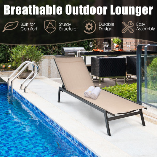 Outdoor Reclining Chaise Lounge Chair with 6-Position Adjustable Back-Brown