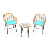 3 Pieces Rattan Furniture Set with Cushioned Chair Table-Turquoise