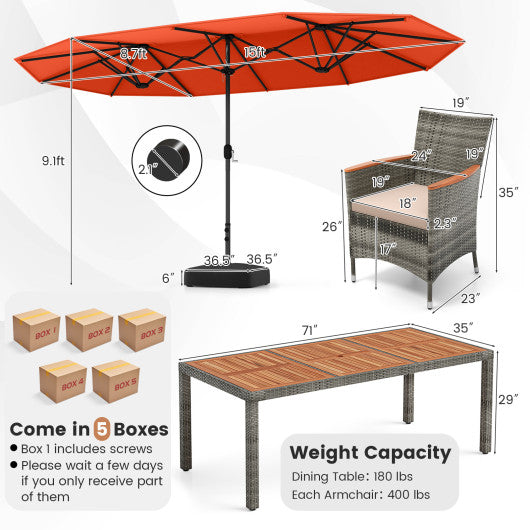 10 Pieces Patio Wicker Dining Set with 15 Feet Double-Sided Patio Umbrella-Orange