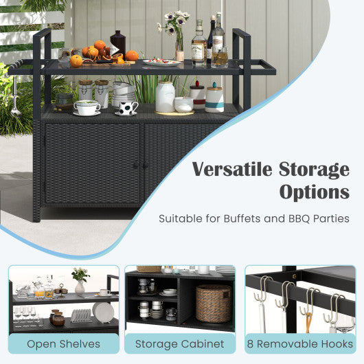 Outdoor Bar Cart Wicker Buffet Serving Cart with Cabinet and 8 Hooks-Black