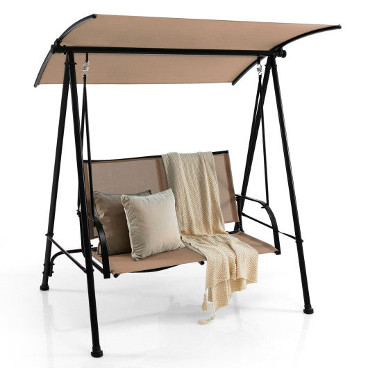 2-Seat Outdoor Canopy Swing with Comfortable Fabric Seat and Heavy-duty Metal Frame-Beige