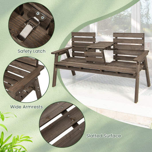 Outdoor Fir Wood Bench with Foldable Middle Table-Gray