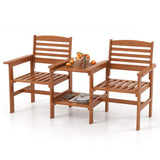 Outdoor Patio Wood 2-Seat Conversation Set with Coffee Table and Umbrella Hole