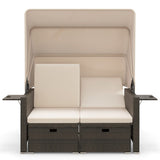 Outdoor Patio Rattan Daybed with Retractable Canopy and Adjustable Backrests-Beige