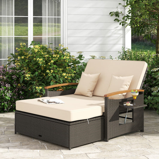 Outdoor Wicker Daybed with Folding Panels and Storage Ottoman-Beige