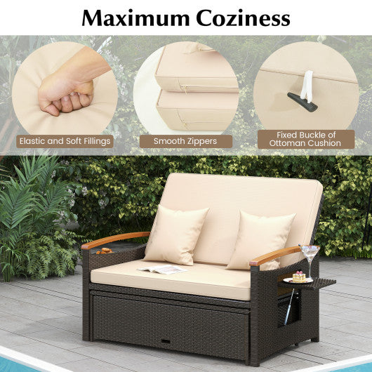 Outdoor Wicker Daybed with Folding Panels and Storage Ottoman-Beige