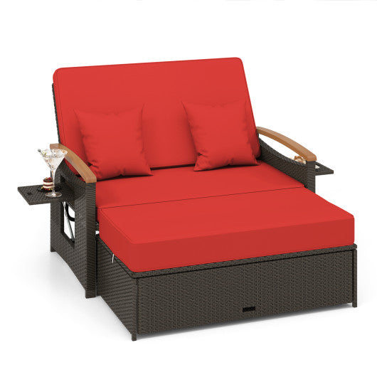 Outdoor Wicker Daybed with Folding Panels and Storage Ottoman-Red