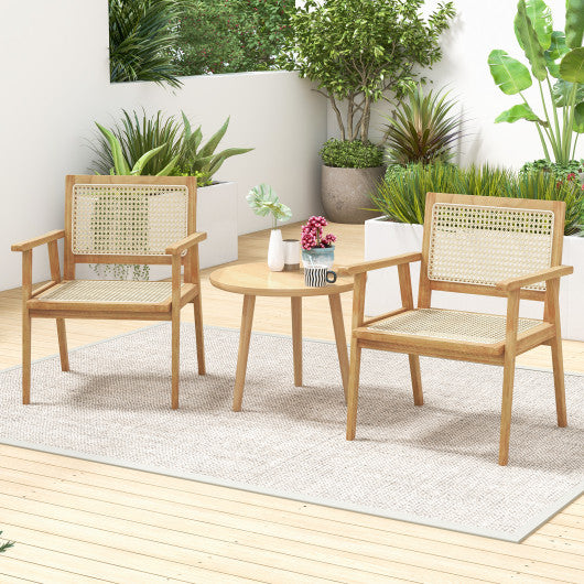 Indonesia Teak Wood Chair with Natural Rattan Seat and Curved Backrest for Backyard Porch Balcony