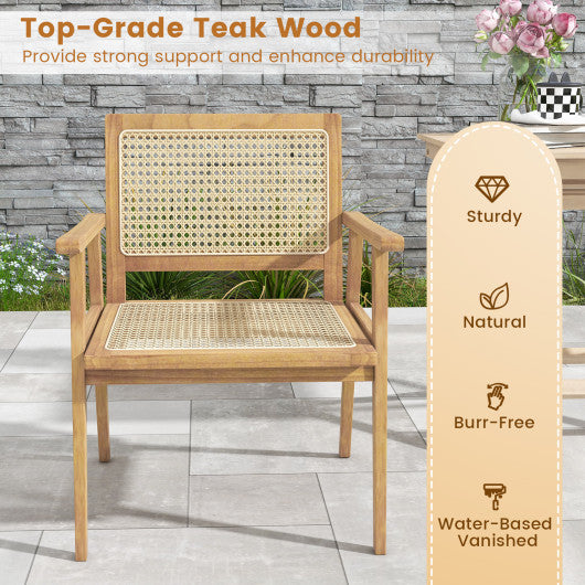 Indonesia Teak Wood Chair with Natural Rattan Seat and Curved Backrest for Backyard Porch Balcony