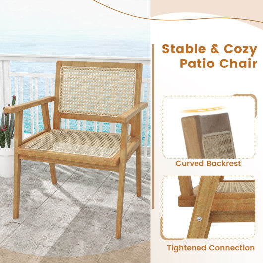 Indonesia Teak Wood Chair with Natural Rattan Seat and Curved Backrest for Backyard Porch Balcony