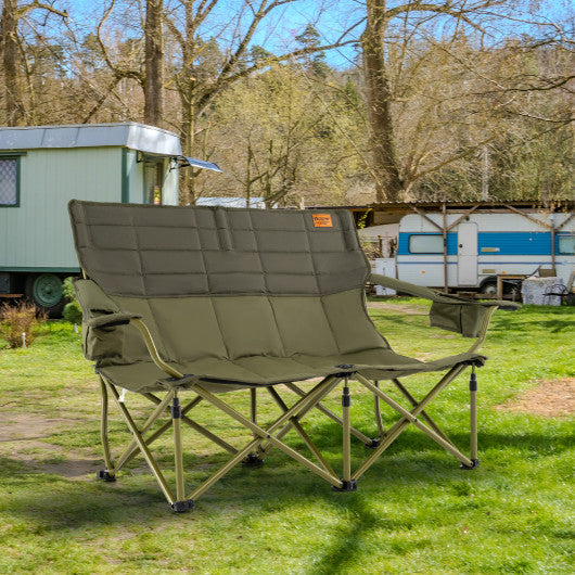 Oversized Camping Chair Folding Loveseat Camping Couch with Cup Holders & Thick Padding-Green