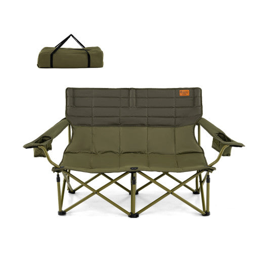 Oversized Camping Chair Folding Loveseat Camping Couch with Cup Holders & Thick Padding-Green