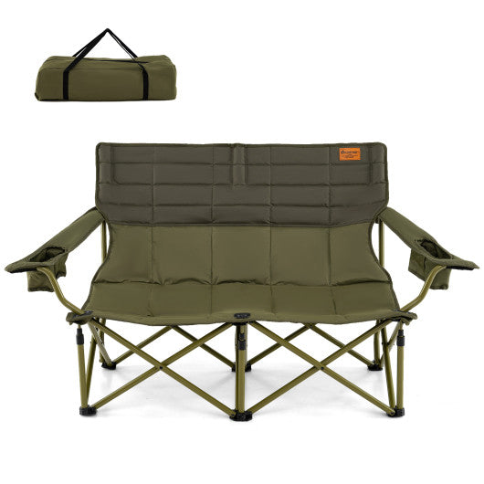 Oversized Camping Chair Folding Loveseat Camping Couch with Cup Holders & Thick Padding-Green