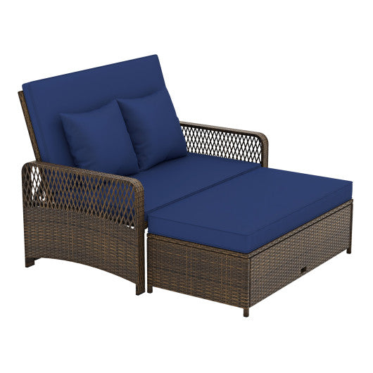 Patio Adjustable Wicker Daybed with 4-Level Backrest and Soft Cushions-Navy