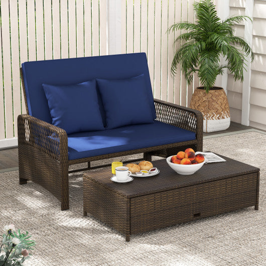 Patio Adjustable Wicker Daybed with 4-Level Backrest and Soft Cushions-Navy