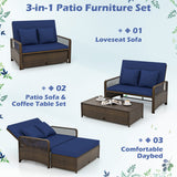 Patio Adjustable Wicker Daybed with 4-Level Backrest and Soft Cushions-Navy