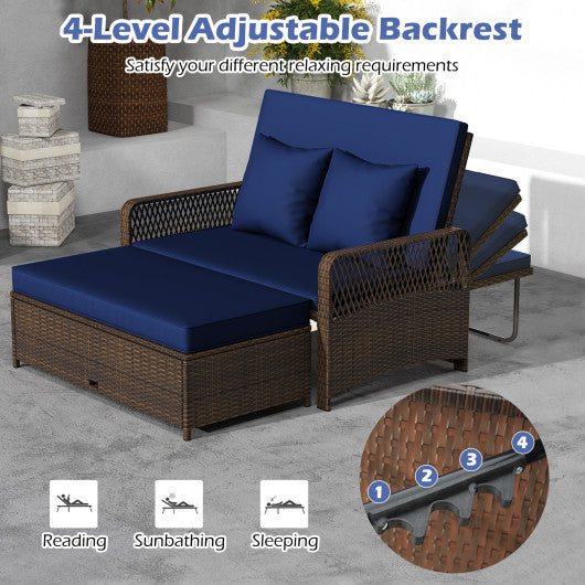 Patio Adjustable Wicker Daybed with 4-Level Backrest and Soft Cushions-Navy