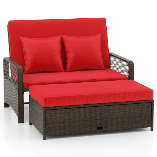 Patio Adjustable Wicker Daybed with 4-Level Backrest and Soft Cushions-Red