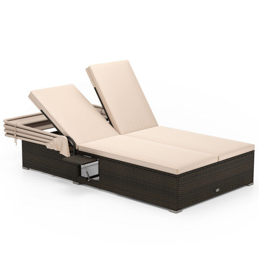 Patio Double Chaise Lounge with Shade Cushions and Folding Side Trays-Beige