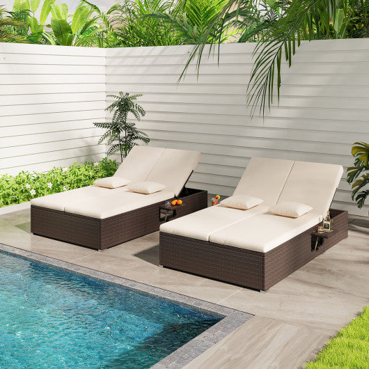 Patio Double Chaise Lounge with Cushions and Folding Side Trays-Beige