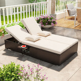 Patio Double Chaise Lounge with Cushions and Folding Side Trays-Beige