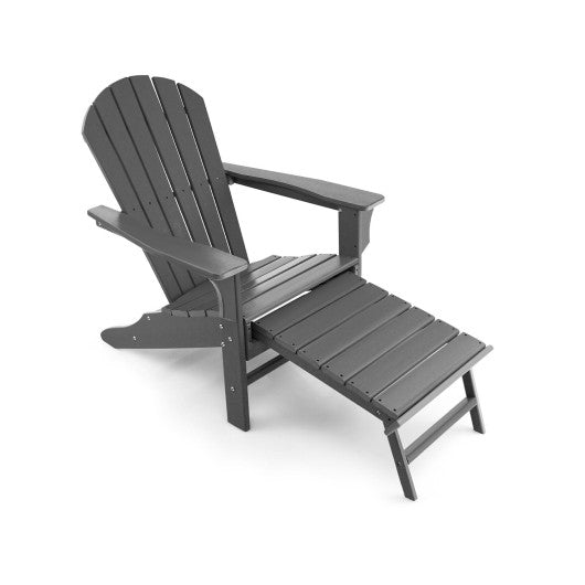 Patio HDPE Adirondack Chair with Retractable Ottoman-Gray